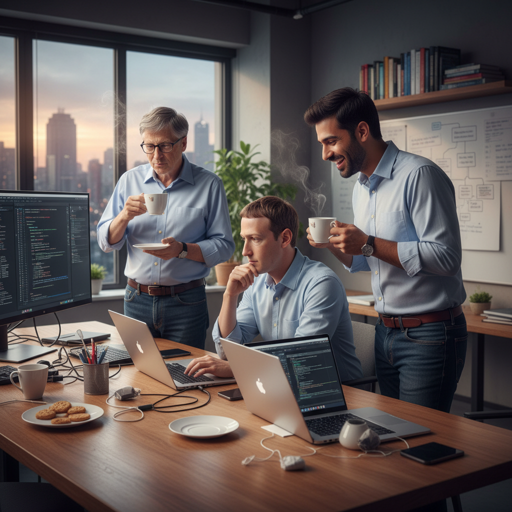 AI-generated image: N image of Bill Gates, Mark Zuckerberg and Aditya Patange having tea and programming.